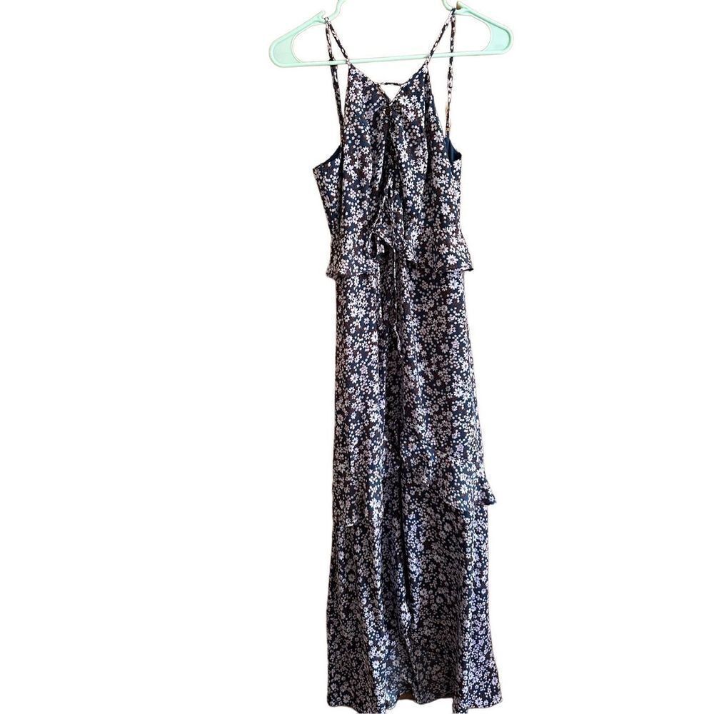 GIANNI BINI DITZY FLORAL PEPLUM CROSS BACK MAXI DRESS WHITE & BLUE SZ M